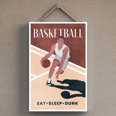 P1788 - Illustrazione di pallacanestro parte del nostro tema sportivo stampata su una targa di legno da appendere