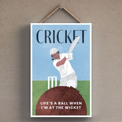 P1791 – Cricket-Illustration, Teil unseres Sportthemas, gedruckt auf einer Holztafel zum Aufhängen