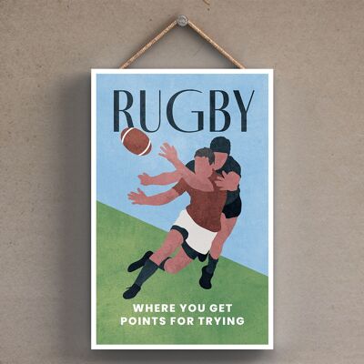 P1798 - Ilustración de rugby parte de nuestro tema deportivo impreso en una placa colgante de madera
