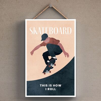 P1800 - Ilustración de skateboarding parte de nuestro tema deportivo impreso en una placa colgante de madera