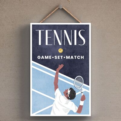 P1802 - Illustrazione di tennis parte del nostro tema sportivo stampata su una targa di legno da appendere