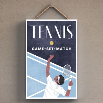 P1802 - Illustration de tennis faisant partie de notre thème sportif imprimée sur une plaque à suspendre en bois 1