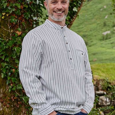 Grandfather Shirt Mens Flannel Black Stripe on Ivory (LV1)