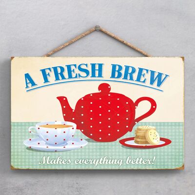 P1856 - A Fresh Brew Spotty Tea Pot Kitchen Themed Decorative Hanging Plaque