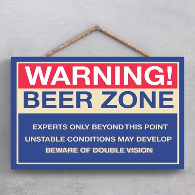P1867 - Beer Zone Double Visoin Blaues Warnschild aus Holz zum Aufhängen