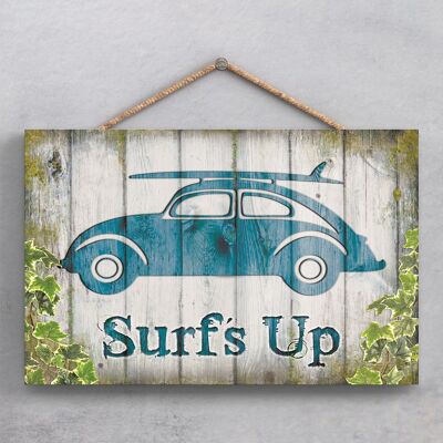 P1927 - Targa da appendere in legno decorativa a tema Beetle Vw Surfs Up