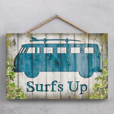 P1928 - Targa da appendere in legno decorativa a tema camper Vw Surfs Up