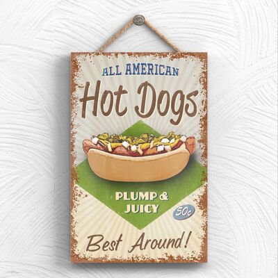 P1942 - Plaque décorative à suspendre en bois sur le thème de la cuisine des hot-dogs américains