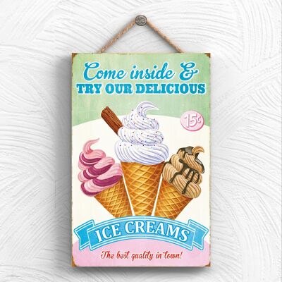 P1954 – Delicious Ice Creams Kitchen Themed Dekoratives Holzschild zum Aufhängen