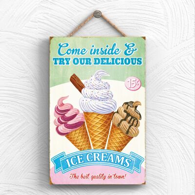 P1954 - Placa Decorativa Colgante de Madera Temática Cocina Deliciosos Helados