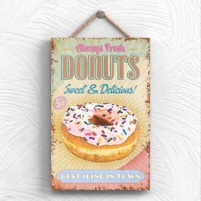 P1955 - Placa colgante de madera decorativa con tema de cocina Fresh Donuts