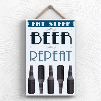 P1957 - Eat Sleep Beer Repeat Plaque décorative à suspendre en bois sur le thème de la cuisine 1