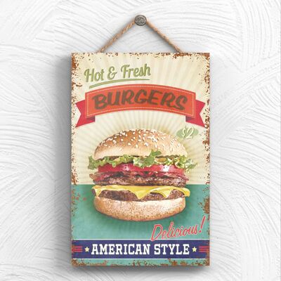 P1968 - Hot And Fresh Burgers Kitchen Themed Decorative Wooden Hanging Plaque