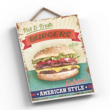 P1968 - Plaque décorative à suspendre en bois sur le thème de la cuisine Burgers chauds et frais 2