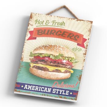 P1968 - Plaque décorative à suspendre en bois sur le thème de la cuisine Burgers chauds et frais 4