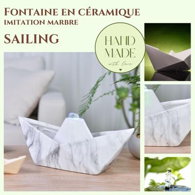 Cadeaux Fête des Mères - Fontaine d'intérieur - Sailing -Cristal Line en Céramique Effet Marbre - Style Moderne et Déco Zen - Idée Cadeau
