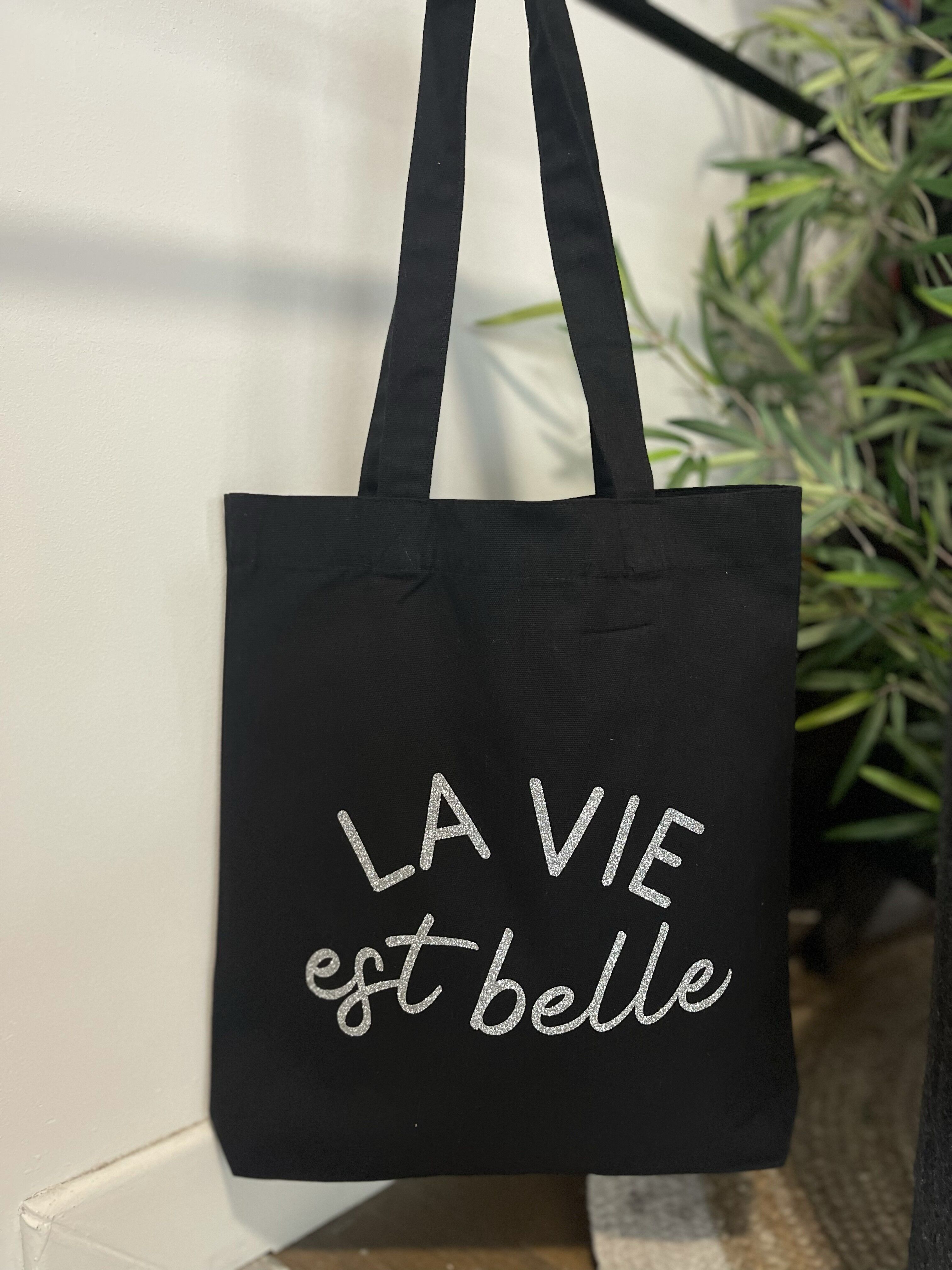 Black "Life is beautiful" tote bag