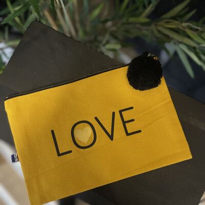 "Love" Mustard zipped pouch