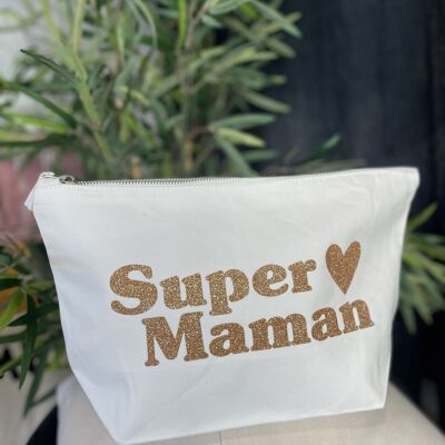 XL Ecru "Super Mom" toiletry bag