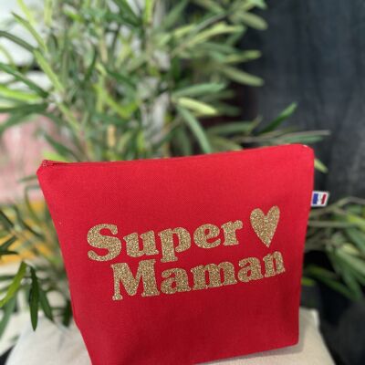 Red "Super Mom" toiletry bag