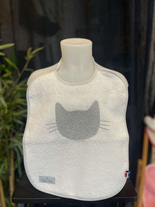 Bavoir Blanc/ argent " Chat"