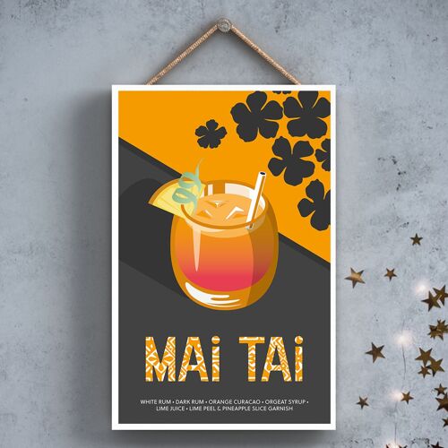 P2047 - Mai Tai In Cocktail Glass Modern Style Alcohol Theme Wooden Hanging Plaque