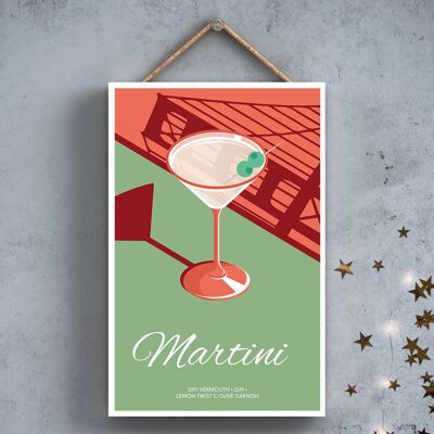 P2050 - Martini In Bicchiere Da Cocktail Stile Moderno Tema Alcol Targa Da Appendere In Legno