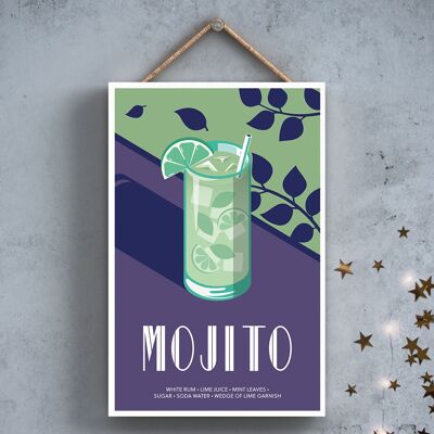 P2051 - Mojotio dans un verre à cocktail de style moderne sur le thème de l'alcool Plaque à suspendre en bois
