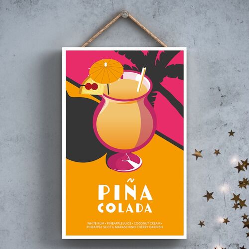 P2053 - Pina Colada In Cocktail Glass Modern Style Alcohol Theme Wooden Hanging Plaque