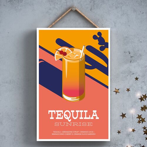 P2055 - Tequila Sunrise In Cocktail Glass Modern Style Alcohol Theme Wooden Hanging Plaque