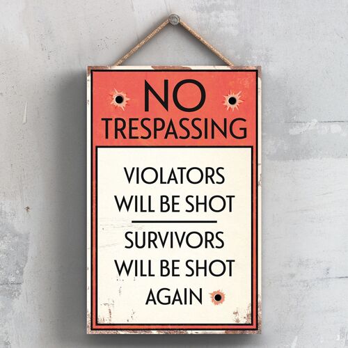 P2071 - No Trespassing Violaters Will Be Shot Typography Sign Printed Onto A Wooden Hanging Plaque