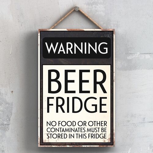 P2079 - Warning Beer Fridge No Food Typography Sign Printed Onto A Wooden Hanging Plaque