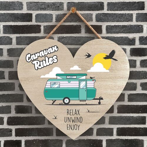 P2192 - Rules Green Caravan Themed Heart Shaped Hanging Plaque