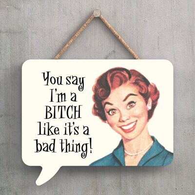 P2270 - You Say I'M A Bitch Humourous Pin Up Themed Speech Bubble Shaped Wooden Hanging Plaque