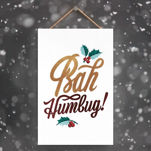 P2272 - Bah Humbug Gold And Red Typography On A Rectangle Portrait Wooden Hanging Plaque