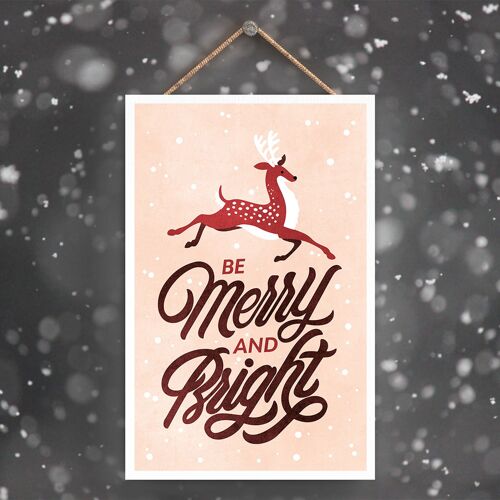 P2275 - Be Merry And Bright Reindeer Pink Typography On A Rectangle Portrait Wooden Hanging Plaque