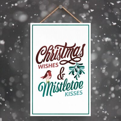 P2277 - Christmas Wishes Mistletoe Kisses Red And Green Typography On A Rectangle Portrait Wooden Hanging Plaque
