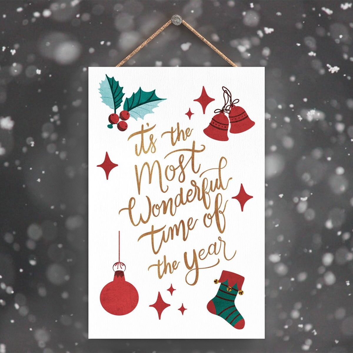 P2279 - Most Wonderful Time Red And Green Typography On A Rectangle Portrait Wooden Hanging Plaque