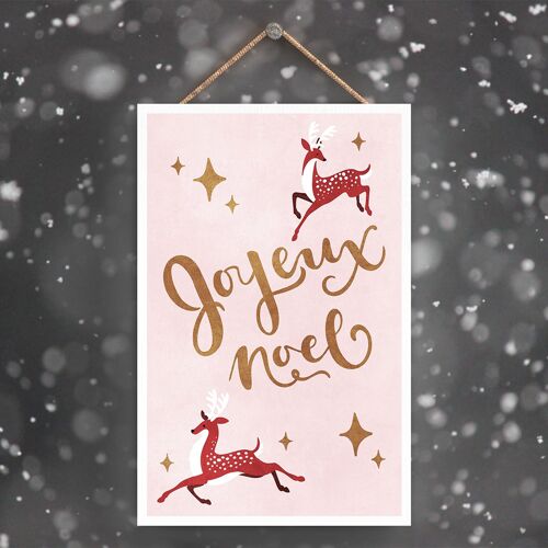 P2280 - Joyeux Noel Reindeer Pink Typography On A Rectangle Portrait Wooden Hanging Plaque