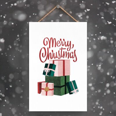 P2282 - Merry Christmas Presents And Typography On A Rectangle Portrait Wooden Hanging Plaque