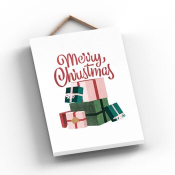P2282 - Joyeux Noël Cadeaux Et Typographie Sur Un Rectangle Portrait Plaque à Suspendre En Bois 2
