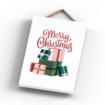 P2282 - Joyeux Noël Cadeaux Et Typographie Sur Un Rectangle Portrait Plaque à Suspendre En Bois 3