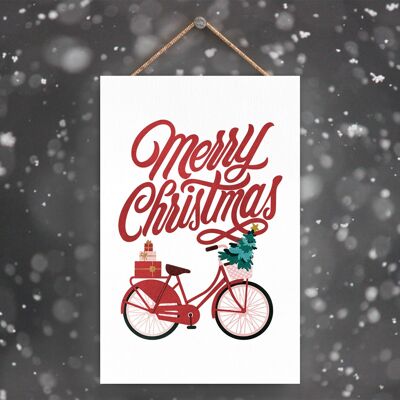 P2283 - Frohe Weihnachten, Fahrrad und Typografie auf einem rechteckigen Porträt-Holzschild zum Aufhängen