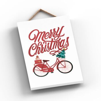 P2283 - Joyeux Noël Bicyclette Et Typographie Sur Rectangle Portrait Plaque à Suspendre En Bois 2