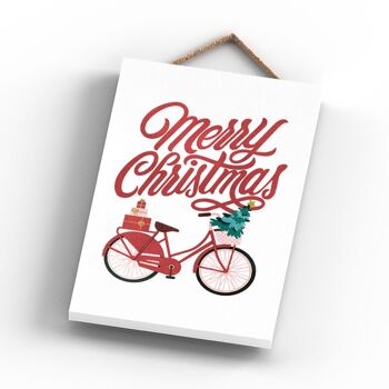 P2283 - Joyeux Noël Bicyclette Et Typographie Sur Rectangle Portrait Plaque à Suspendre En Bois 3