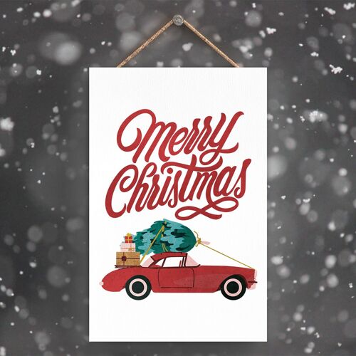 P2284 - Merry Christmas Car And Typography On A Rectangle Portrait Wooden Hanging Plaque