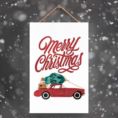 P2284 - Auto di buon Natale e tipografia su una targa da appendere in legno con ritratto rettangolare