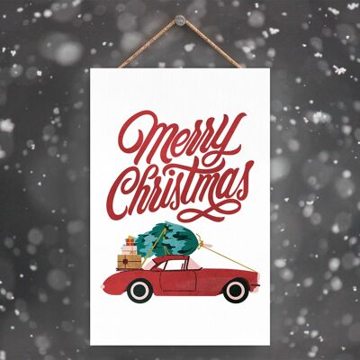 P2284 - Joyeux Noël Voiture Et Typographie Sur Un Rectangle Portrait Plaque En Bois à Suspendre