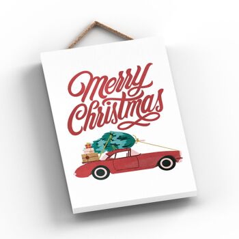 P2284 - Joyeux Noël Voiture Et Typographie Sur Un Rectangle Portrait Plaque En Bois à Suspendre 2