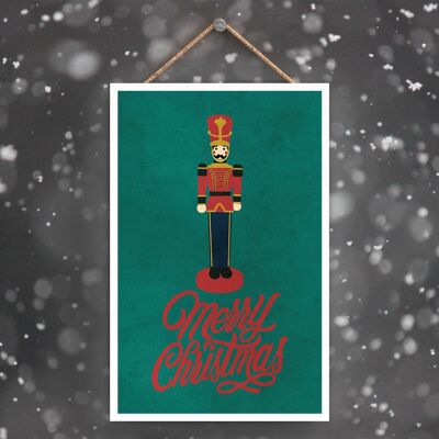 P2285 - Merry Christmas Nutcracker And Typography On A Green Rectangle Portrait Wooden Hanging Plaque